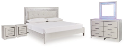 Zyniden King Upholstered Panel Bed, Dresser, Mirror and 2 Nightstands