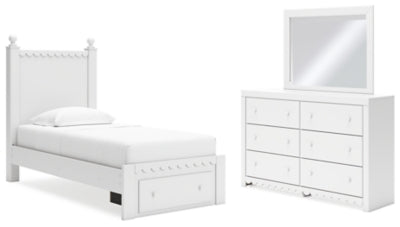 Molviney Twin Panel Storage Bed, Dresser and Mirror