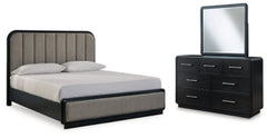 Rowanbeck California King Upholstered Panel Bed, Dresser and Mirror